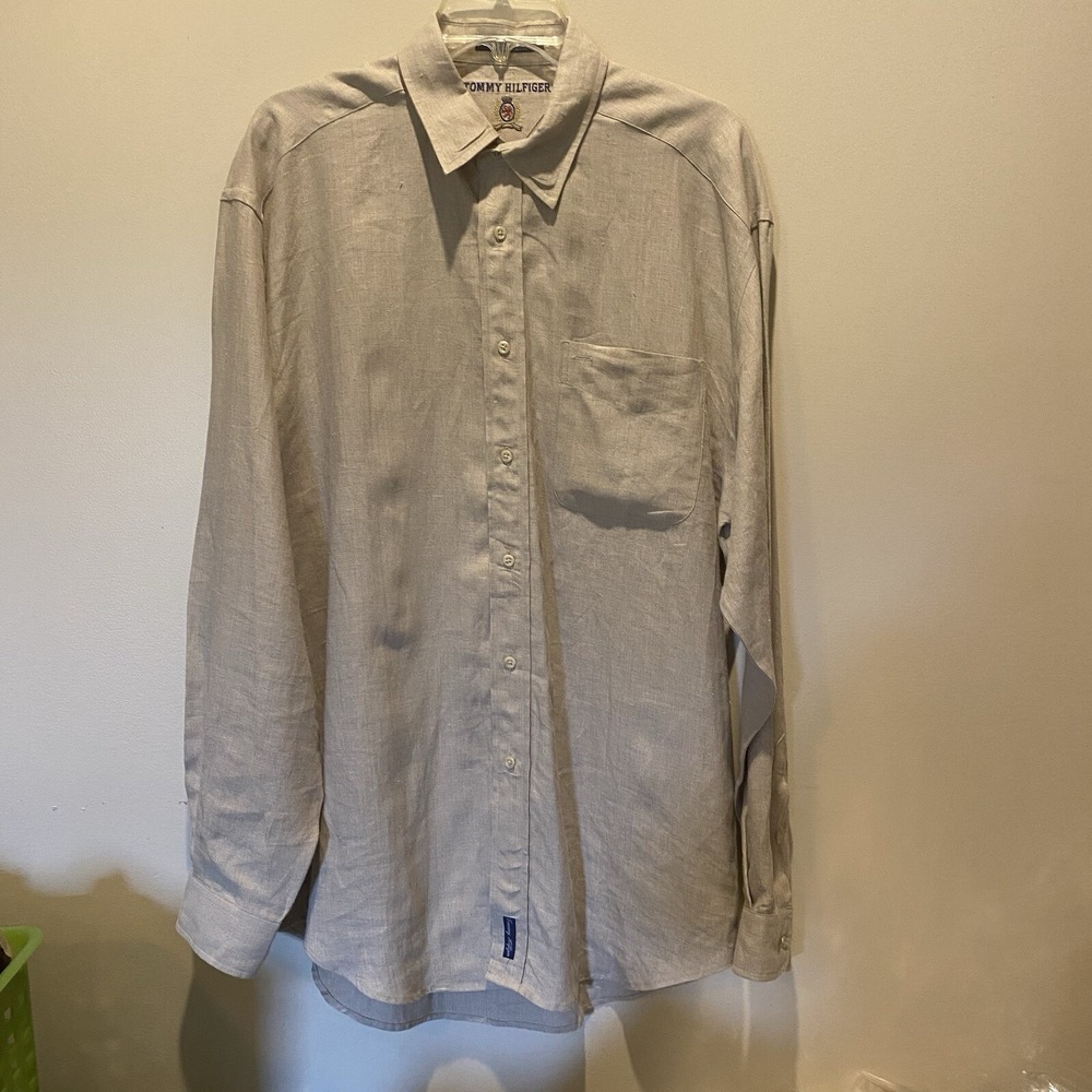 Tommy Hilfiger Men's Size Medium Button Up Long Sleeve Adult Shirt 100% Linen